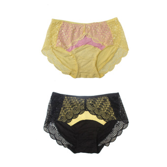 Eelic 9180 Celana Dalam Wanita 2pcs Warna Kuning dan Hitam Motif Renda Lace Cantik Serat Bambu  