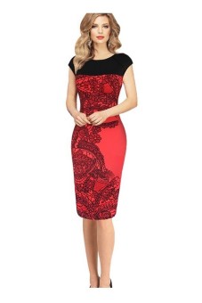 Elegant Ladies Pinup Printed Fitted Business Work Pencil Dress (Red) (EXPORT)  