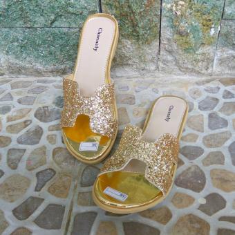Ellen Grosir - Sandal Flat Wanita HS Glitter (Gold)  