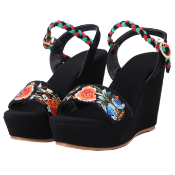 Embroidered Shoes Platform Slipsole Sandals black 34 - Intl  