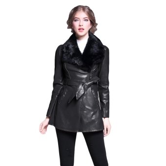 EOZY Fashion Women's Rabbit Hair Synthetic Leather Zipper Pocket Motorcycle Jacket Thick Long Coat Overcoat Outwear (Black) - intl  