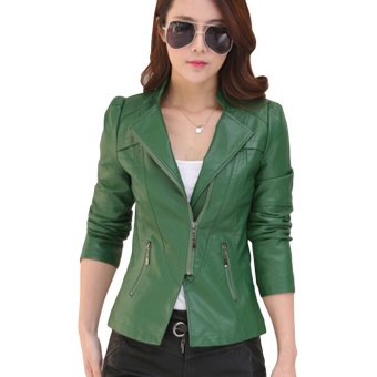 EOZY Korean Style Women Synthetic Leather Motorcycle Jacket All-match Ladies Casual Long Sleeve Zipper Outerwear Coat Size M/L/XL/2XL/3XL (Green) - intl  