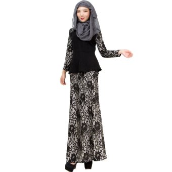EOZY Trendy Lady Women Muslim Wear Muslim Robes Islam Style Female Luxury Lace Solid Color Coat Dress Set (Black)  