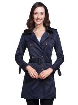 Epaulet Belt Solid Trench Coat with Pockets Navy  