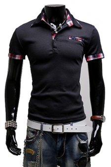 Essential Polo Collar Paneled Slim Fit Long Sleeve Men Cotton Tee Shirt (Navy Blue)  