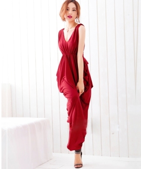 Europe Women's Sexy Slim V Neck Bowknot Sleeveless Long Skirt Evening Dress Red - intl  