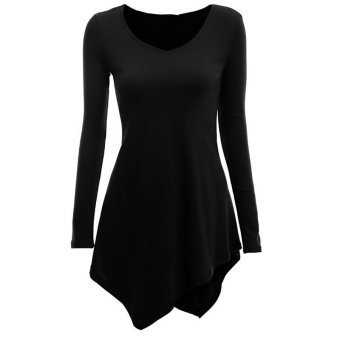 Fancyqube Women V-collar Irregular Hem Full Sleeve Dress Black  