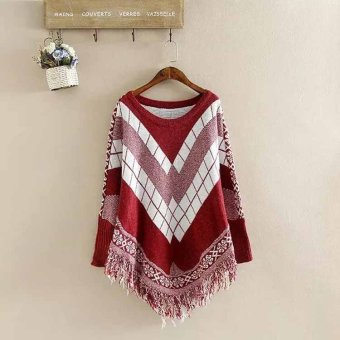 Fang Fang Women's Diamond Tassel Poncho Cape Shawls Batwing Sweater Cloak with Sleeves (Red)  