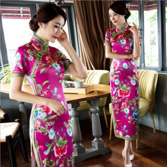 Fashion Chinese Traditional Silk Cheongsam Dress Short Sleeve Long Qipao Party Wedding Nightdress - intl  