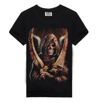 Fashion Creative 3D Skull With Knives Pattern Men's Round Neck Short Sleeve Cotton T-shirt Black  