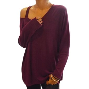 Fashion Ladies Women Plus Size Asymmetric Collar Long Sleeve Loose Casual Long Tops Blouse-wine red  