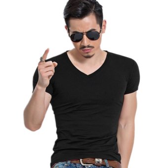 Fashion Men V Neck Muscle Short Sleeve Slim Fit Shirts T-shirt Fitness Tops Tees Black  