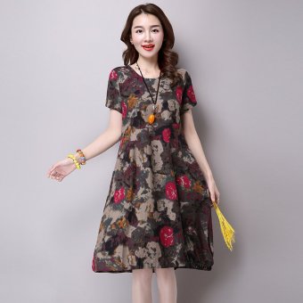 Fashion New Women's Retro Cotton and Linen Printing Short-sleeved Dress(Brown) - intl  