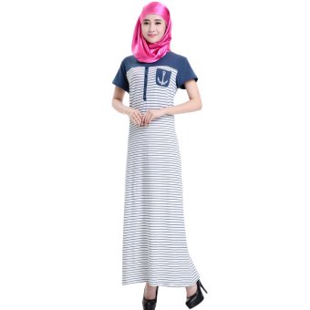 Fashion Stripe Cotton Muslim Short Sleeve Dresses(Blue)  