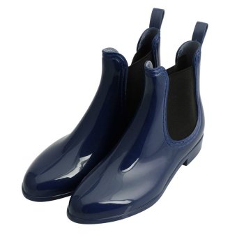 Fashion wanita tarik rendah datar membawa sepatu bot karet pergelangan kaki sepatu bot hujan jelly bening (Biru Tua) - International  