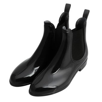 Fashion Wanita tarik rendah datar membawa sepatu bot karet pergelangan kaki sepatu bot hujan jelly bening (Hitam) - International  