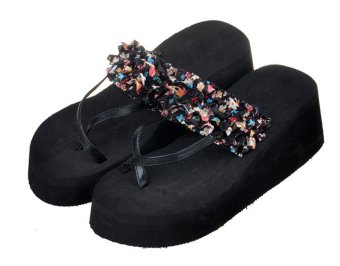 Fashion Women Bohemian Style Flip-Flops Floral Slippers Lady Casual Platform Sandals (Black) - intl  