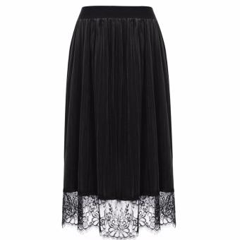 Fashion Women Elastic Waist Lace Patchwork Pleated A-Line Midi Skirt (Black) - intl  