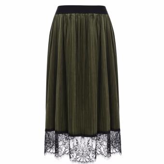 Fashion Women Elastic Waist Lace Patchwork Pleated A-Line Midi Skirt (Dark Green) - intl  