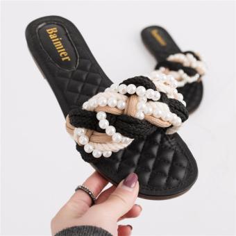 Fashion Women Hemp Rope Skin Slipper Summer Female Sandals Crystal Slide Celebrity Roman Shoes Casual Flat Sandal Black XZ294 - intl  