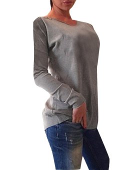 Fashion Women Long Sleeve Round Neck Shirt Back Button Split Up Floral Lace Tops Blouse Gray  