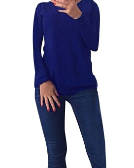 Fashion Women Long Sleeve Round Neck Shirt Back Button Split Up Floral Lace Tops Blouse Navy  