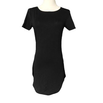 Fashion Women Long Tops Short Sleeve Side Slit Casual T-shirt Dress Black (Intl) - intl  
