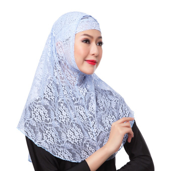 Fashion Women Muslim Two Piece Set Lace Full Cover Hijab Scarf - Light Blue - intl  