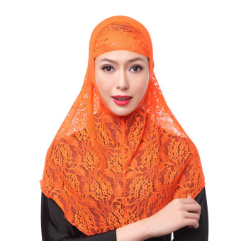 Fashion Women Muslim Two Piece Set Lace Full Cover Hijab Scarf - Orange - intl  