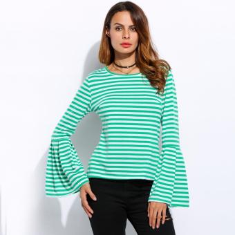 Fashion Women O-Neck Flare Long Sleeve Striped Slim Blouse Tops (Green) - intl  