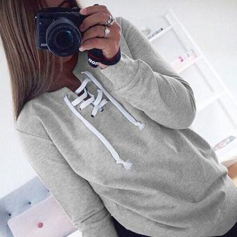 Fashion Women O-Neck Lace Up Long Sleeve Pullover Solid Hoodie Sweatshirt - intl  