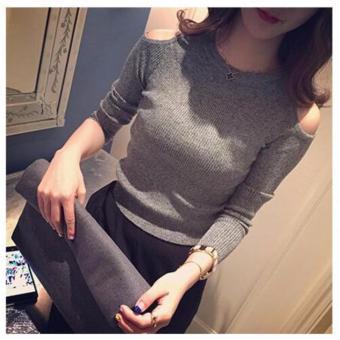 Fashion women off shoulder long sleeve knitting sweater slim bottoming shirt Grey - intl  