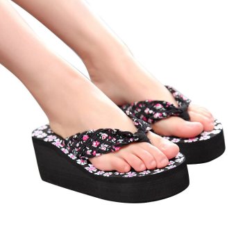 Fashion Women Sandals+ Girls Slope With Flip-Flops and Korean Floral Muffin Beach Sandals (Black)  