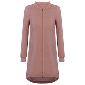 Fashion Women Stand Collar Zip Up High Low Hem Solid Long Jacket - intl  