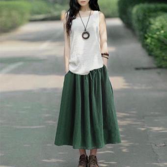 Fashion Women Two-piece suit Dress Elegant Loose Sleeveless Casual Solid Cotton Linen Maxi Dress White and Green - intl  