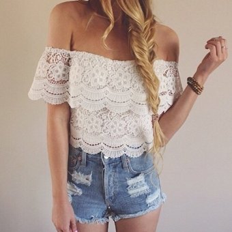 Fashion Women's Blouses Sexy Summer Lace Crochet Tops Off Shoulder White Shirt Casual Blouse b7 SV000843-white-S - Intl  