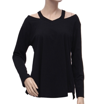 Fashion Womens Off Shoulder Long Sleeve V-Neck Loose Blouse Black  