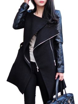 Faux Leather Patchwork Long Sleeve Fashion Womens Pea Coat Khaki  