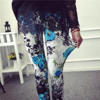 Funky Pattern Blue Flower Printed Women's Leggings Elastic Cozy Slim YOGA GYM SPORTS Pants - intl  
