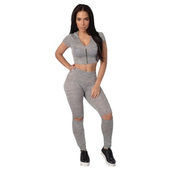 Gamiss Summer Sexy Women Sporty Yogo Jogging Gym Set Tight Suit(Grey) - intl  