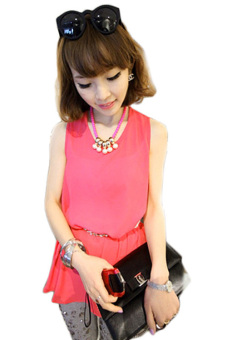 GE Fashion Women Irregular Hem Sleeveless Chiffon Sundress Short Shirt Dress One Size (Watermelon Red)  