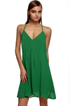 GE Women Chiffon V Neck Sleeveless Backless High Waist Dress S-XL (Green)  
