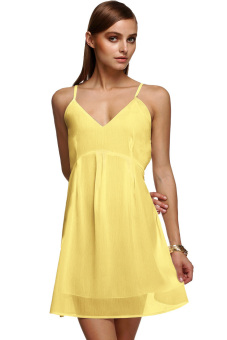 GE Women Chiffon V Neck Sleeveless Backless High Waist Dress S-XL (Yellow)  