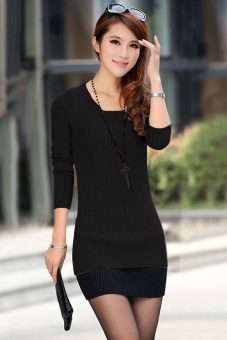 GE Women Cotton Slim Knitwear Sweater Dress One Size (Black)  