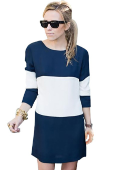 GE Women Loose Contrast Color Long Sleeve Chiffon Dress S-XL (Deep Blue)  