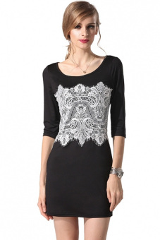 GE Women O-Neck Lace Medium Sleeve Mini Dress S-XL (Black)  