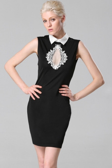 GE Women's Backless Sleeveless Lapel Slim Dress S-XL (Black)  