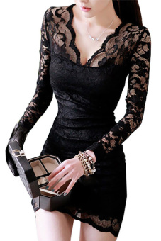 GE Women's Low-cut V-Neck 3/4 Sleeve Lace Package Hip Mini Dress M-XL (Black)  