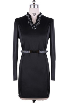 GE Women's OL Long Sleeve Slim Mini Dress With Belt M-XL (Black)  