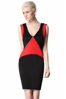 GE Women's Sleeveless V-Neck Patchwork Slim Dress S-XL (Black)  